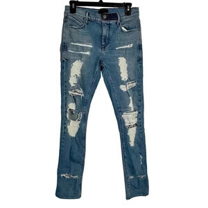 RtA Bryant Skinny Fit Distressed Frayed Jeans Med Blue Denim Wash Men Size 28